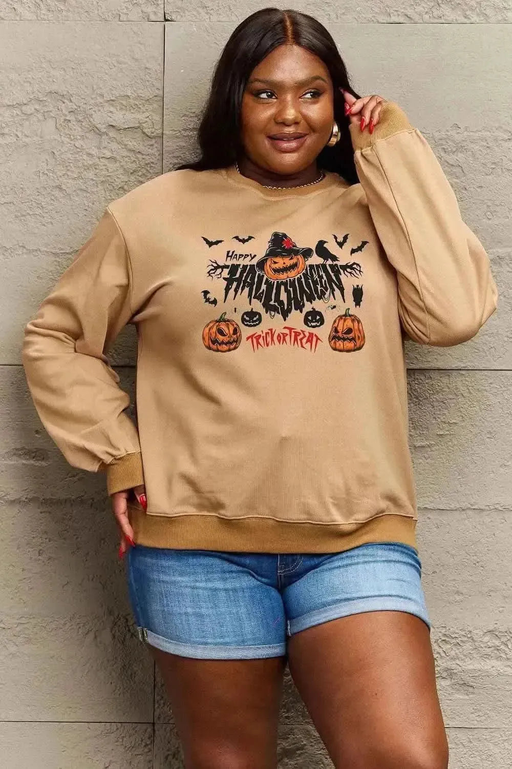 Simply Love Full Size HAPPY HALLOWEEN TRICK OR TREAT Graphic Sweatshirt - Bad Moms Club