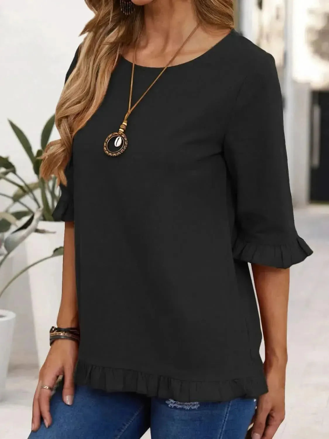 Ruffled Round Neck Half Sleeve Blouse - Bad Moms Club