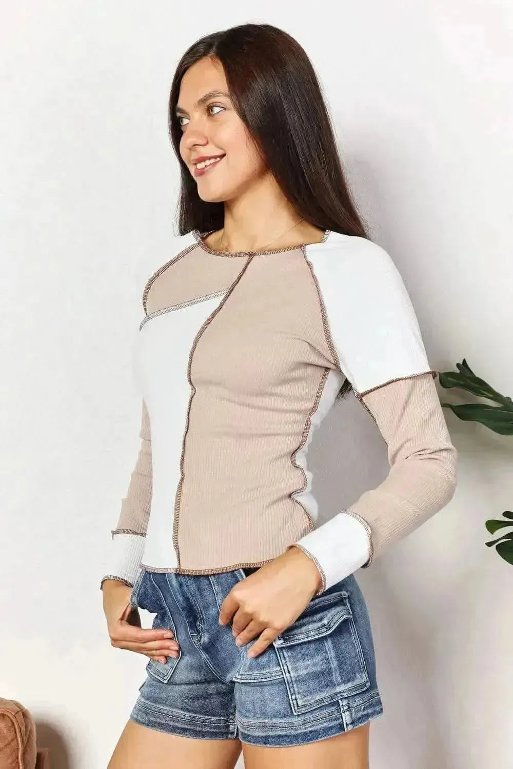 Double Take Color Block Exposed Seam Top - Bad Moms Club