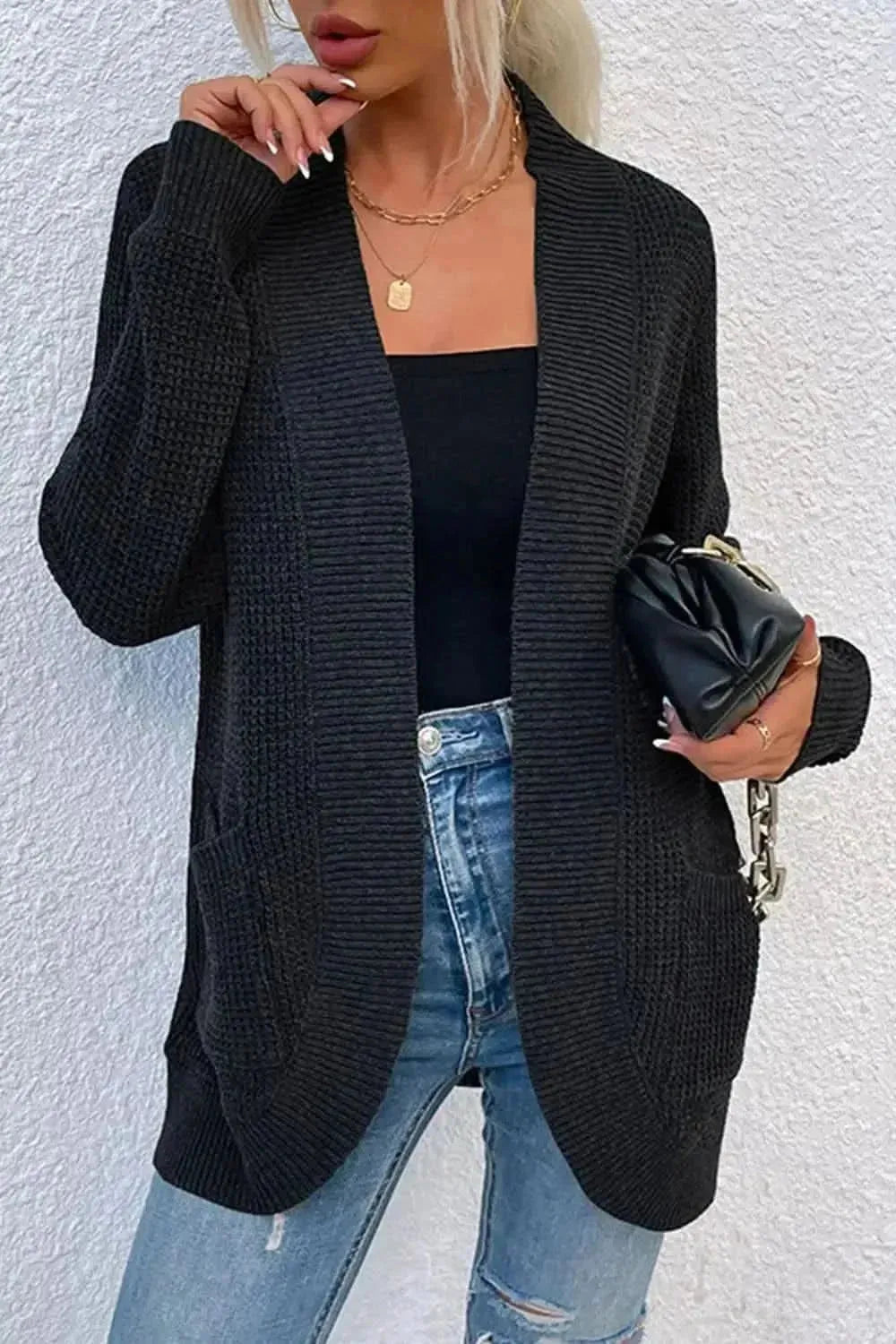 Open Front Rib-Knit Cardigan with Pockets - Bad Moms Club