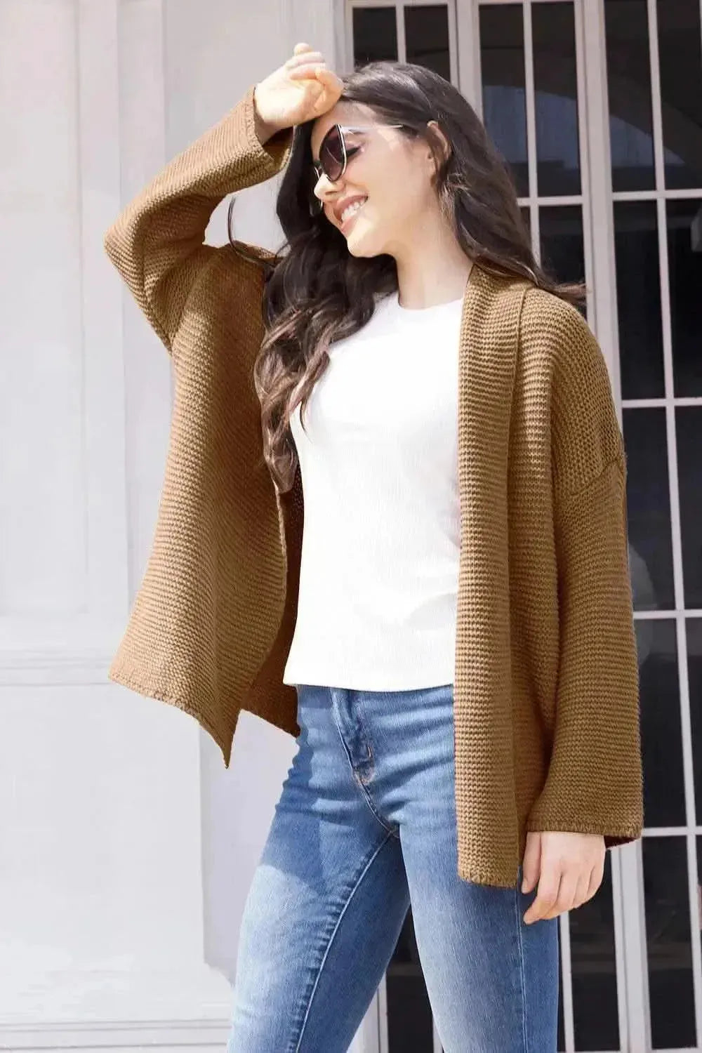 Tied Open Front Long Sleeve Cardigan - Bad Moms Club