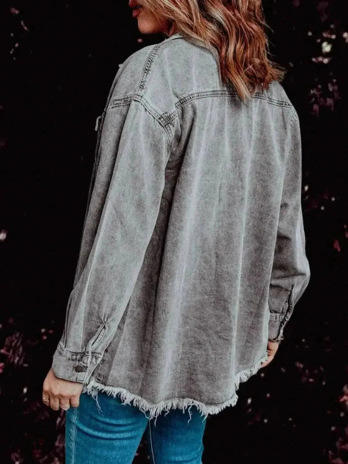MeiMei Frayed Hem Collared Denim Jacket - Bad Moms Club