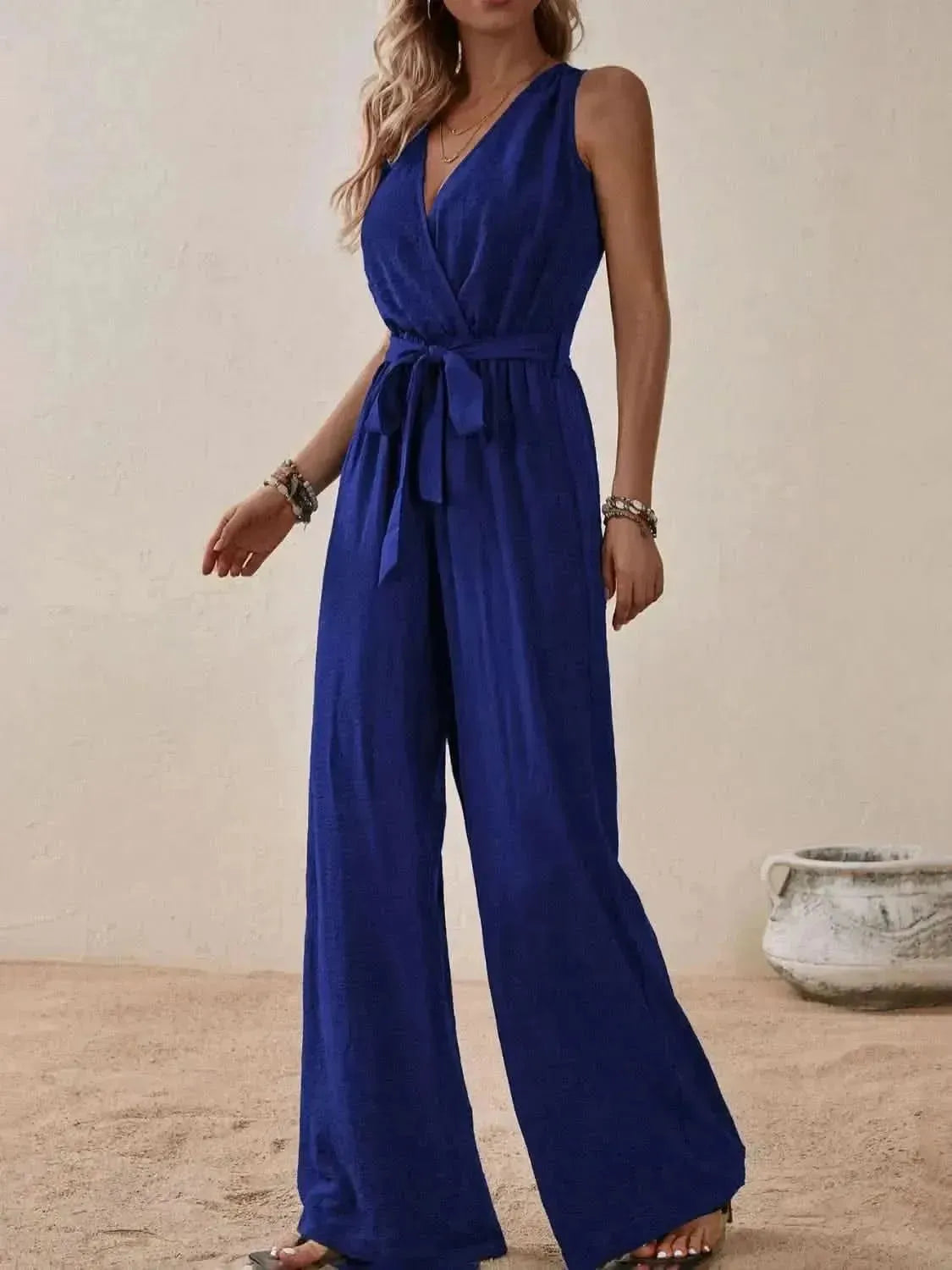 Honey Tied Surplice Sleeveless Wide Leg Jumpsuit - Bad Moms Club