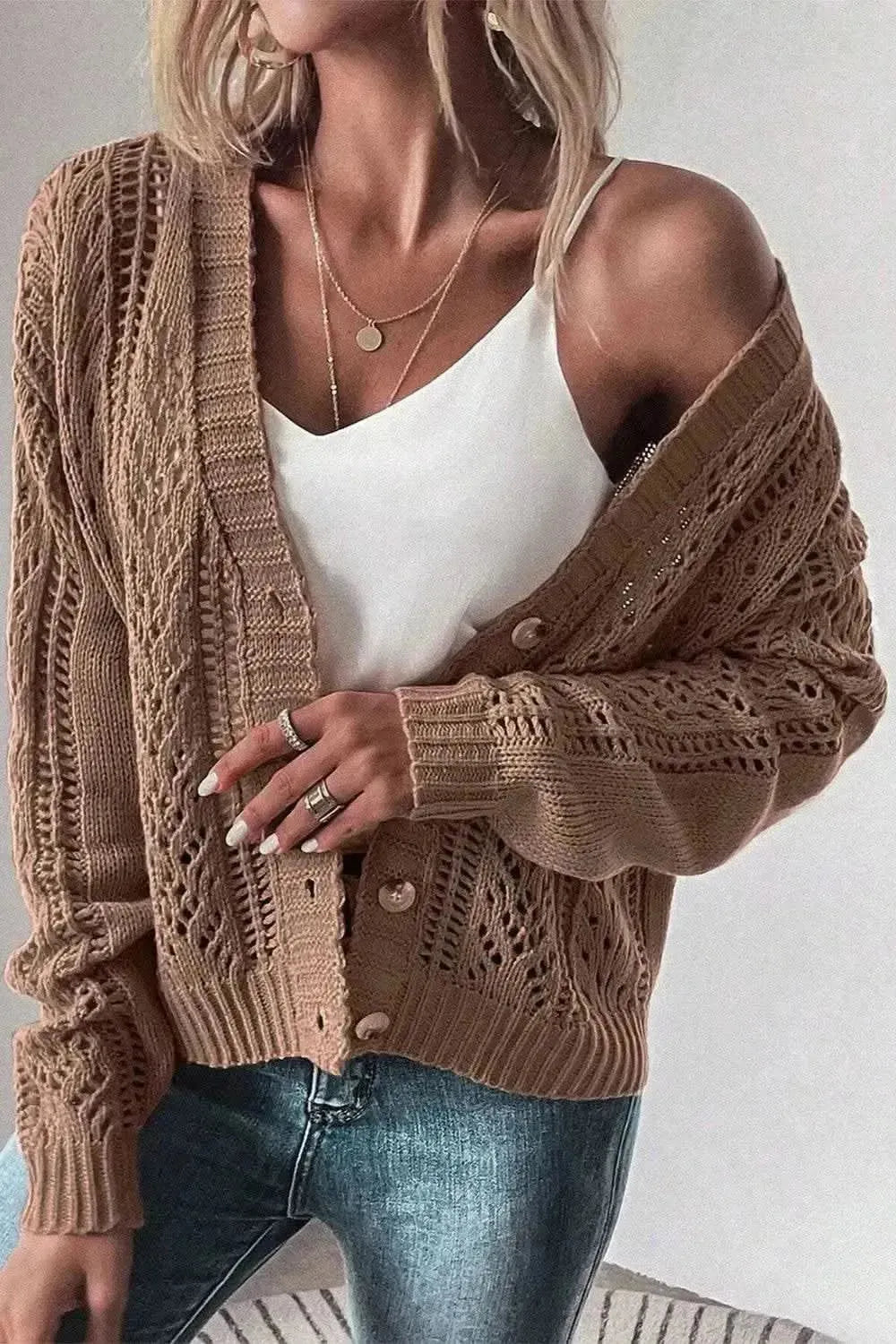 Openwork Button Up Long Sleeve Cardigan - Bad Moms Club