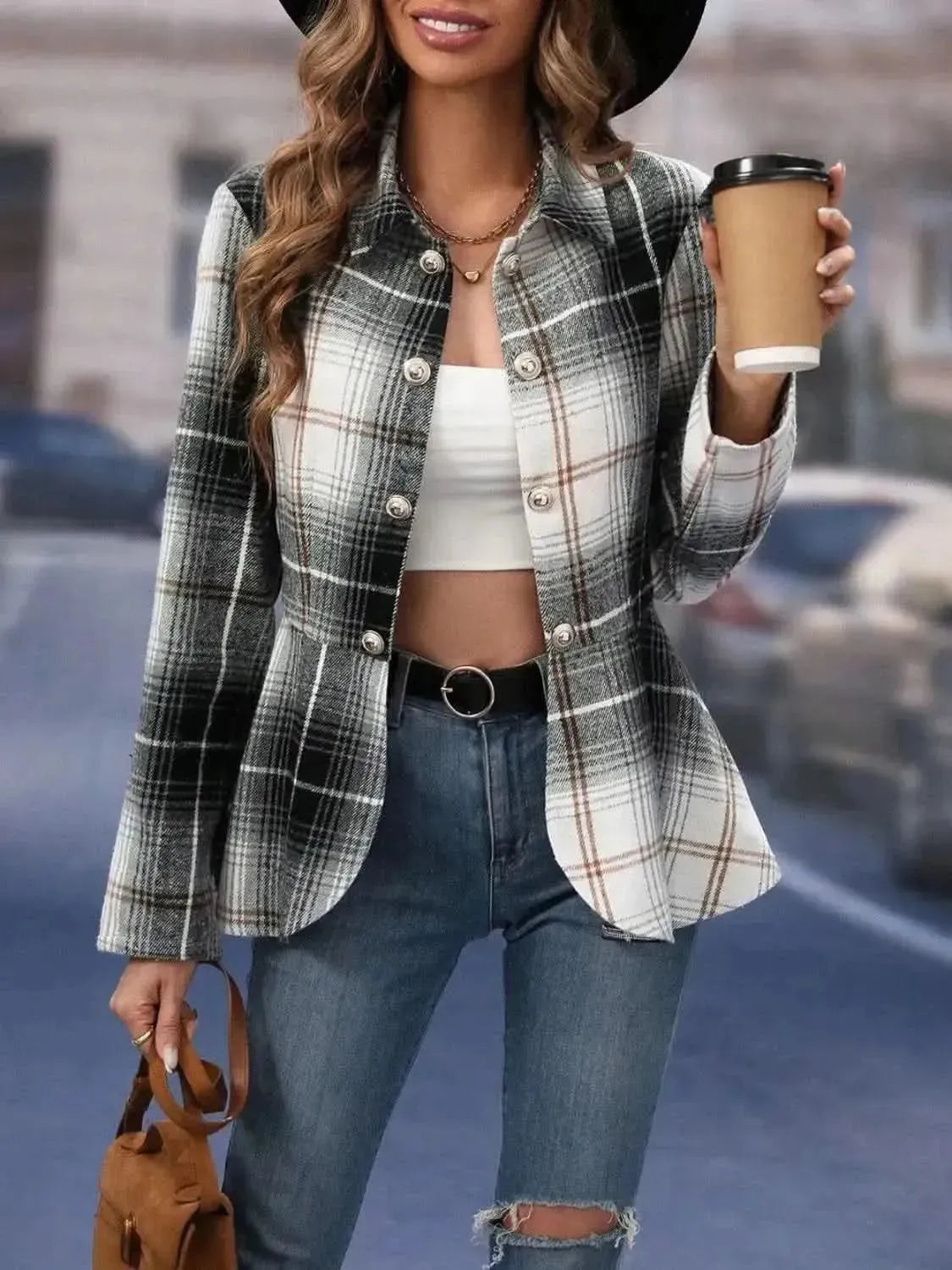 Plaid Button Up Long Sleeve Jacket - Bad Moms Club