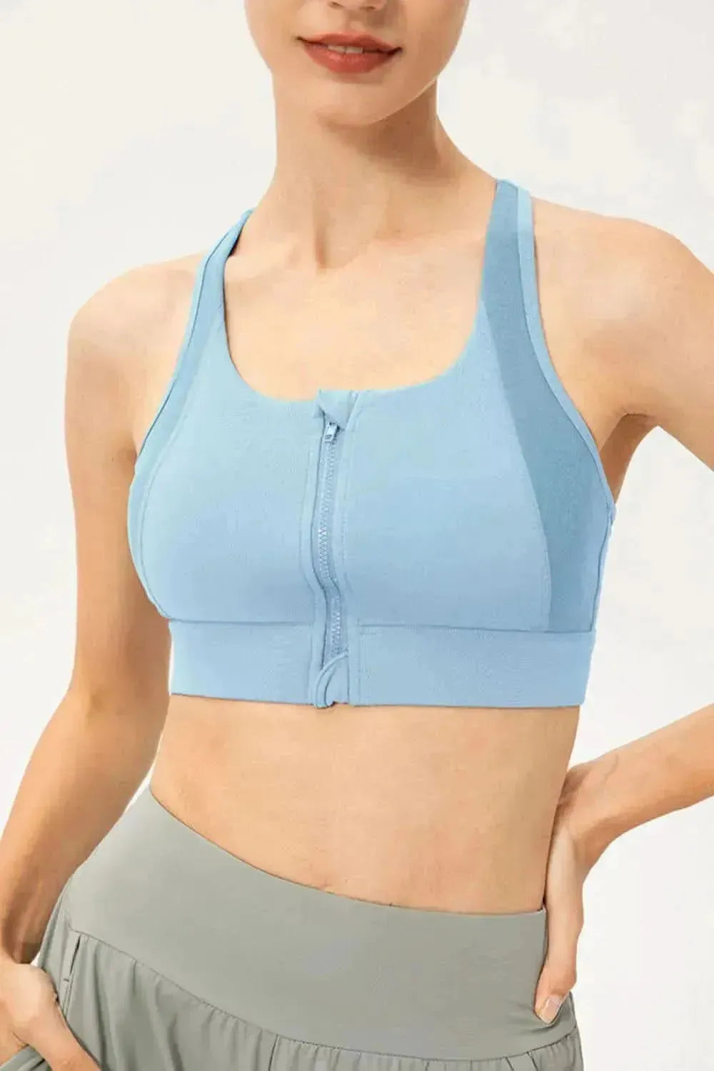 Zip-Up Round Neck Sports Bra - Bad Moms Club
