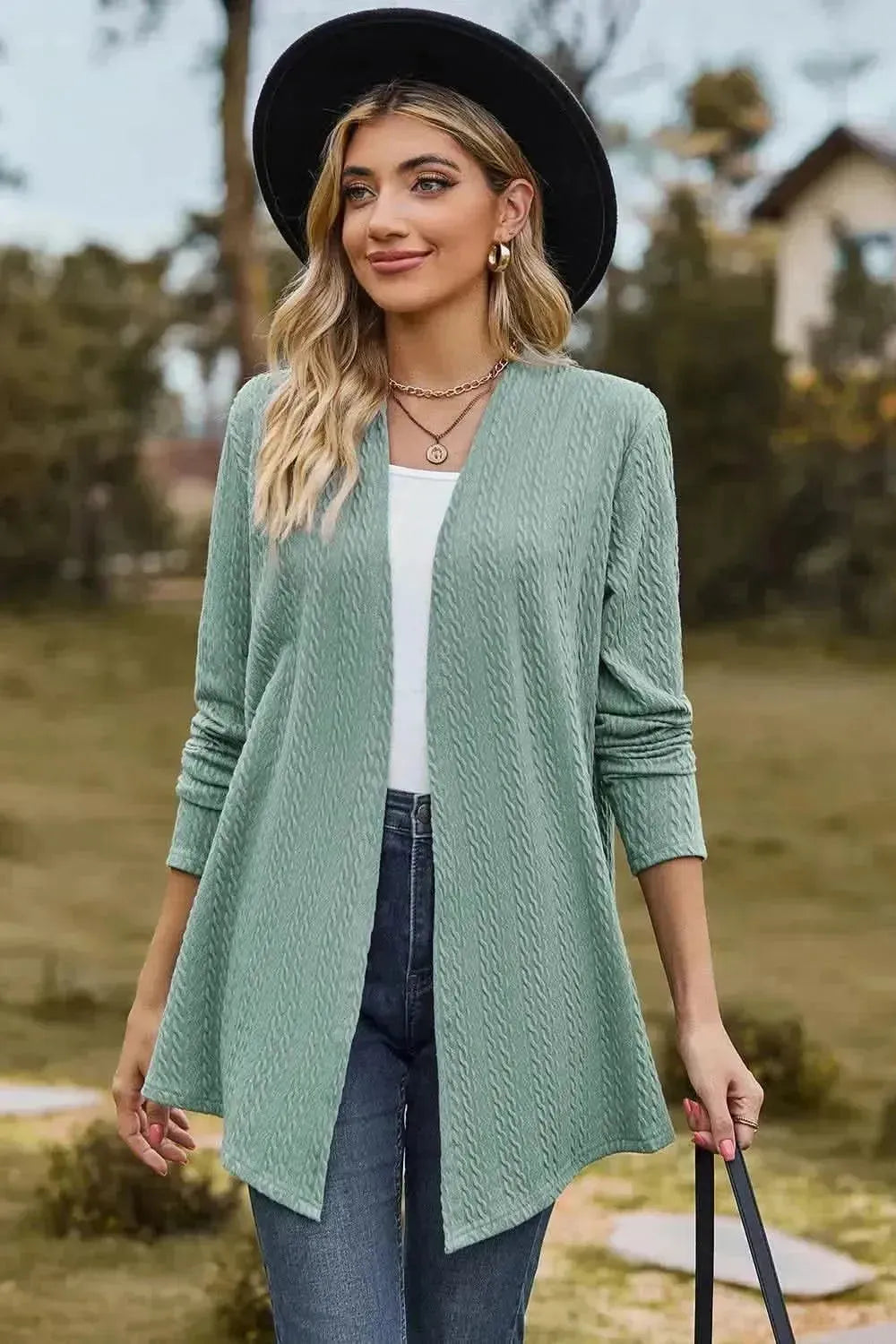 Textured Open Front Long Sleeve Cardigan - Bad Moms Club