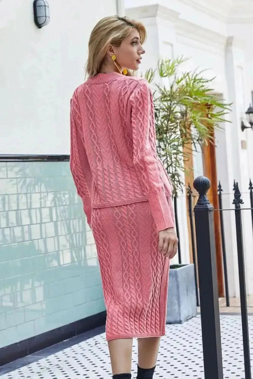 Mixed Knit V-Neck Cardigan and Knit Skirt Set - Bad Moms Club