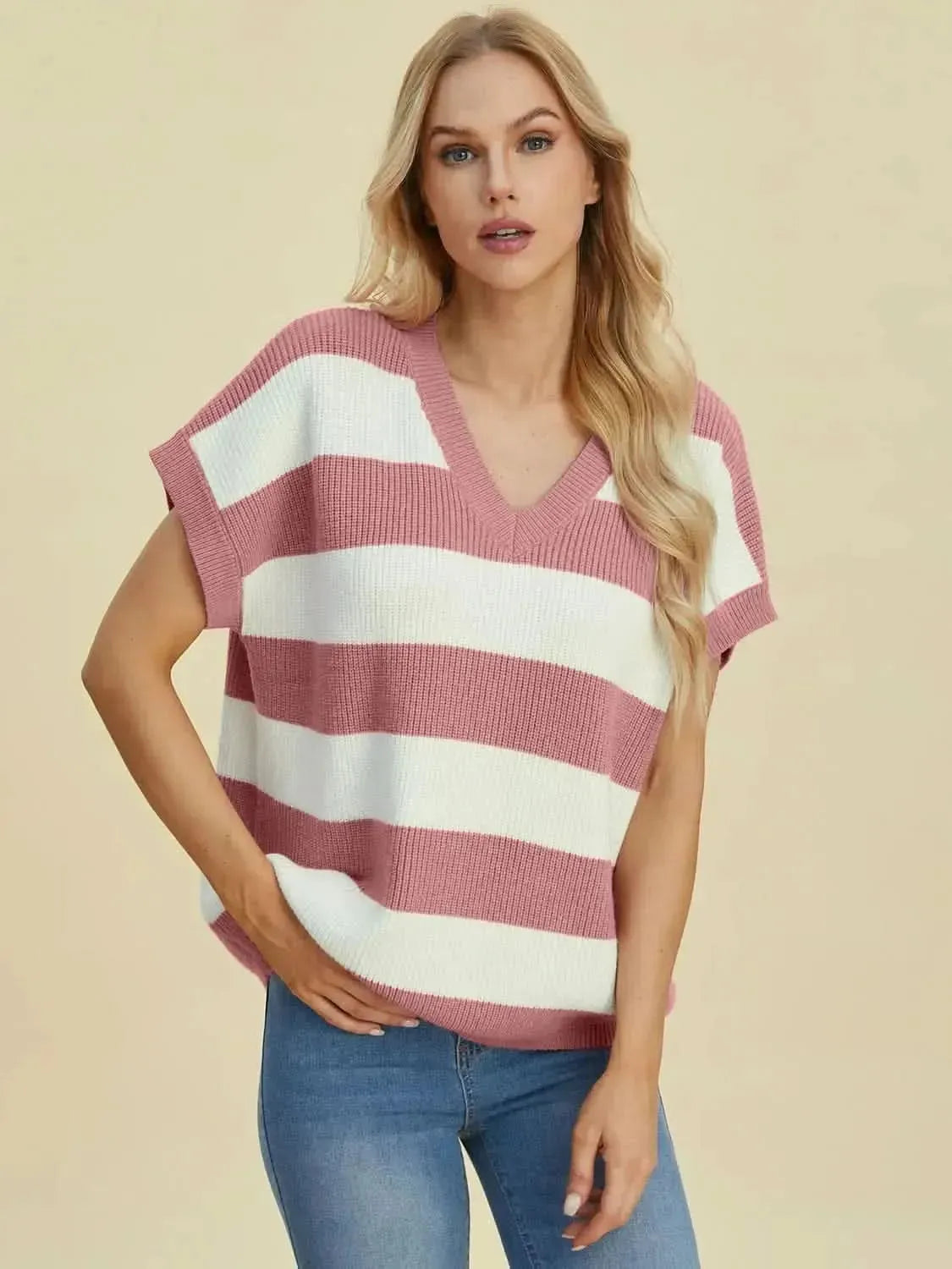 Double Take Full Size Striped V-Neck Short Sleeve Sweater - Bad Moms Club