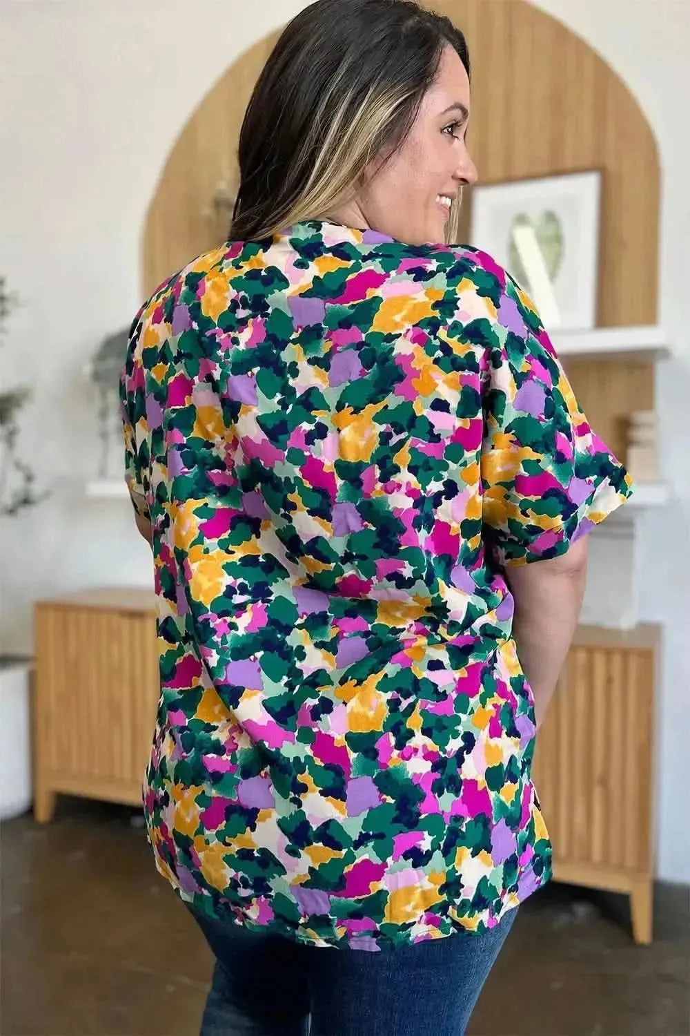 Double Take Full Size Printed V-Neck Short Sleeve Side Slit Top - Bad Moms Club