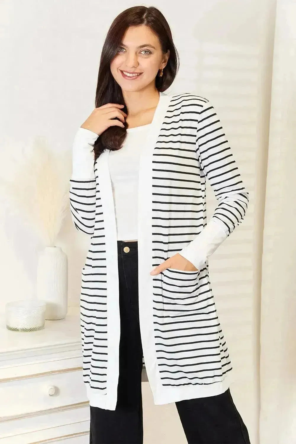 Double Take Striped Open Front Longline Cardigan - Bad Moms Club
