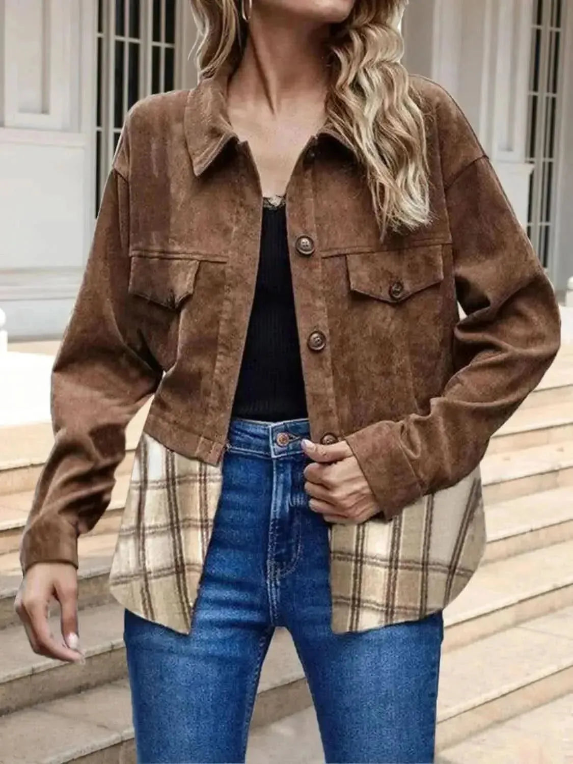 Printed Dropped Shoulder Collared Neck Denim Jacket - Bad Moms Club