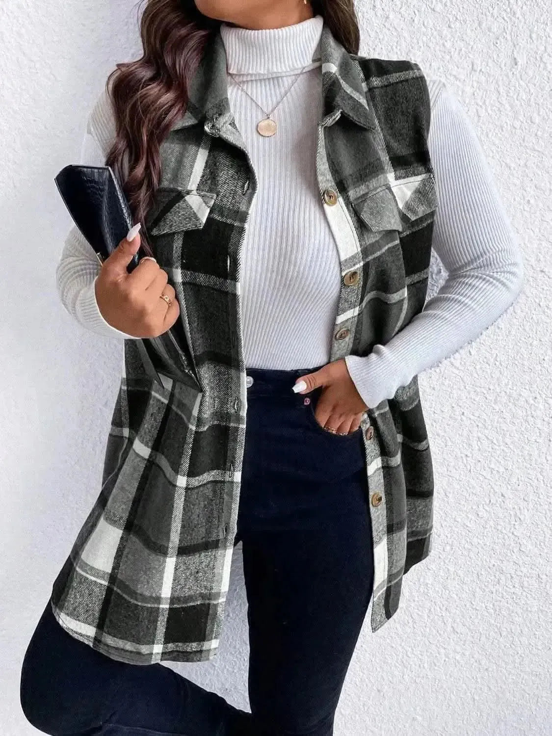 Honey Plus Size Pocketed Plaid Button Up Vest Coat - Bad Moms Club
