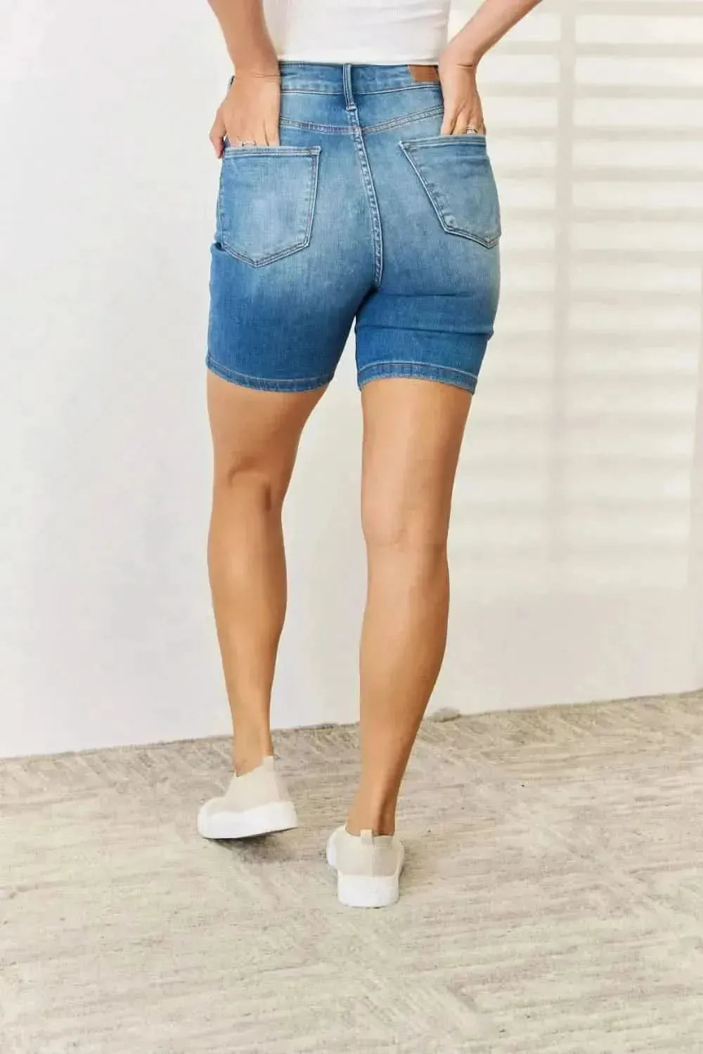 Judy Blue Full Size Tummy Control Double Button Bermuda Denim Shorts - Bad Moms Club