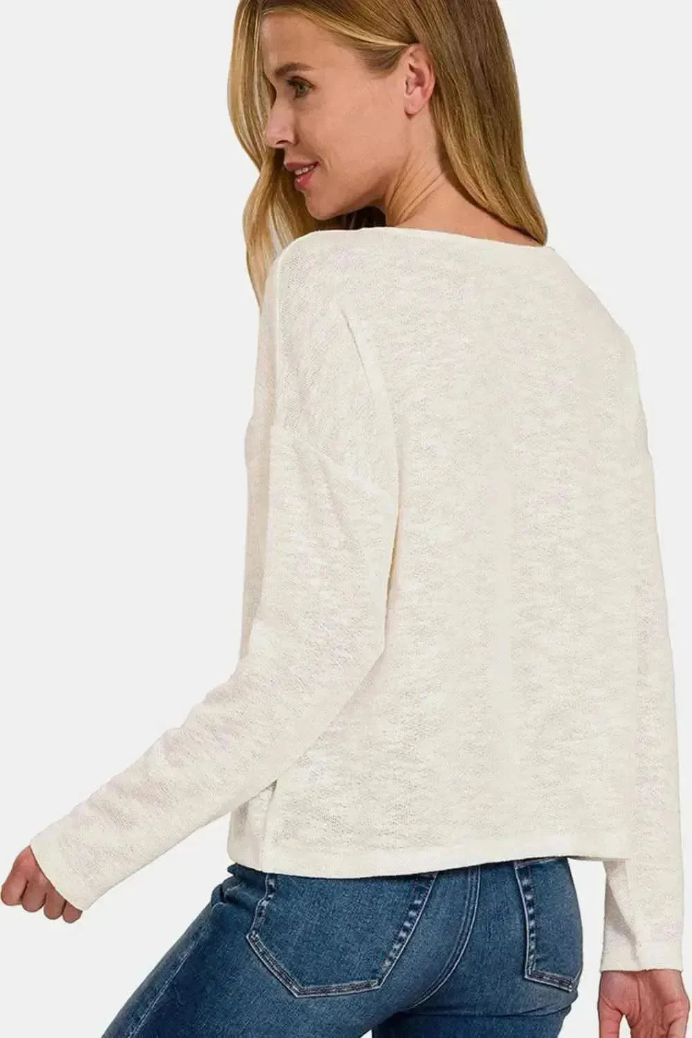 Zenana V-Neck Dropped Shoulder Long Sleeve T-Shirt - Bad Moms Club