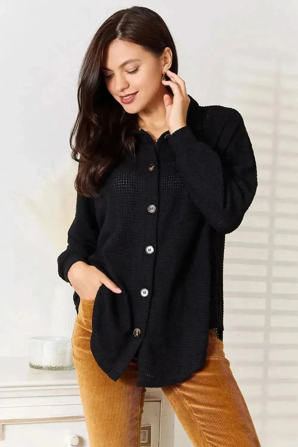 Double Take Waffle-Knit Collared Neck Dropped Shoulder Shirt - Bad Moms Club