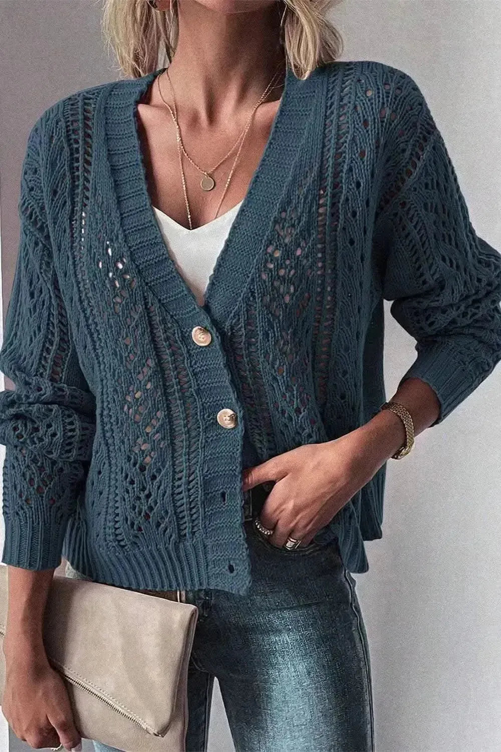 Openwork Button Up Long Sleeve Cardigan - Bad Moms Club