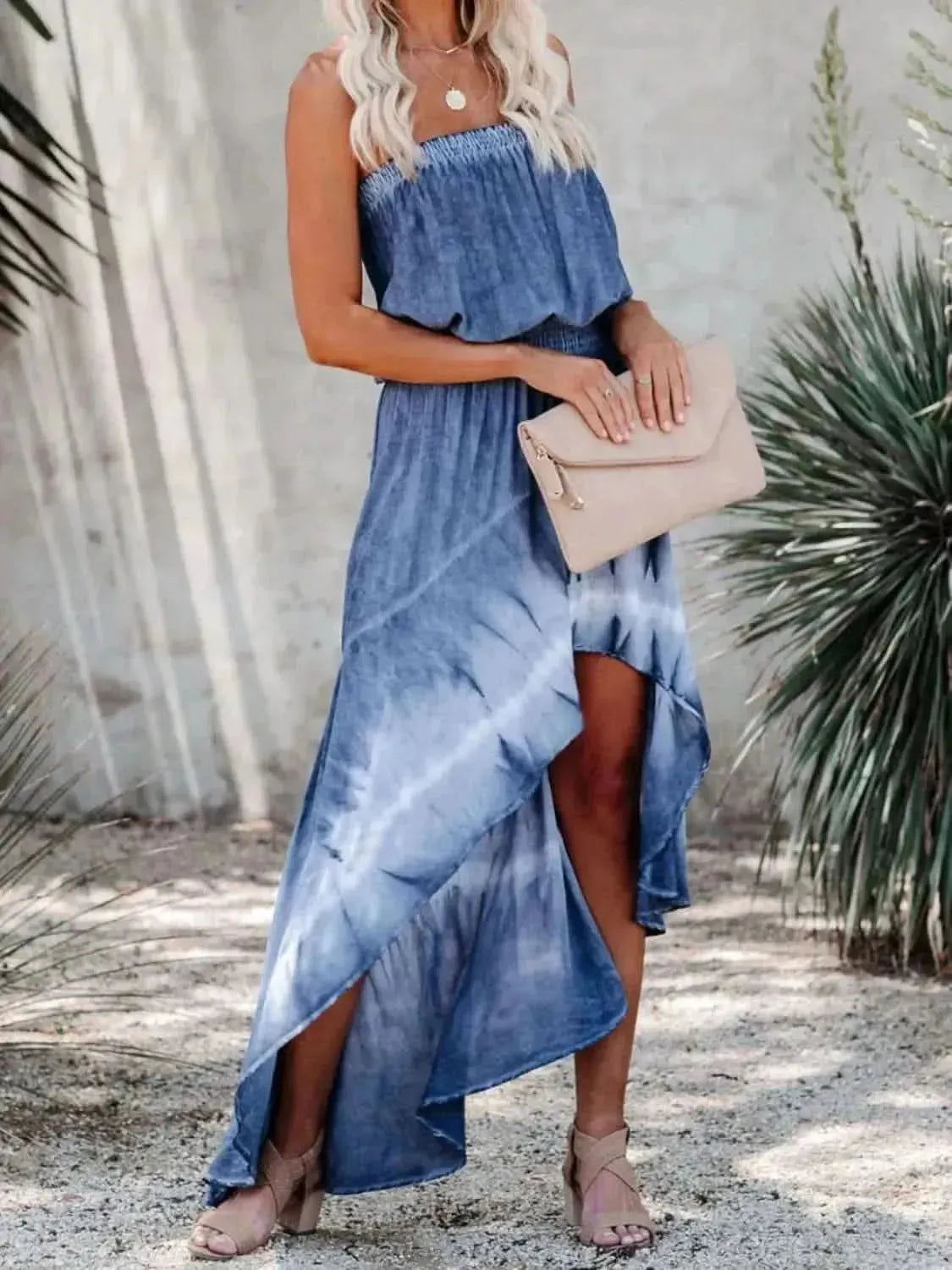 MeiMei Smocked High-Low Tube Denim Dress - Bad Moms Club