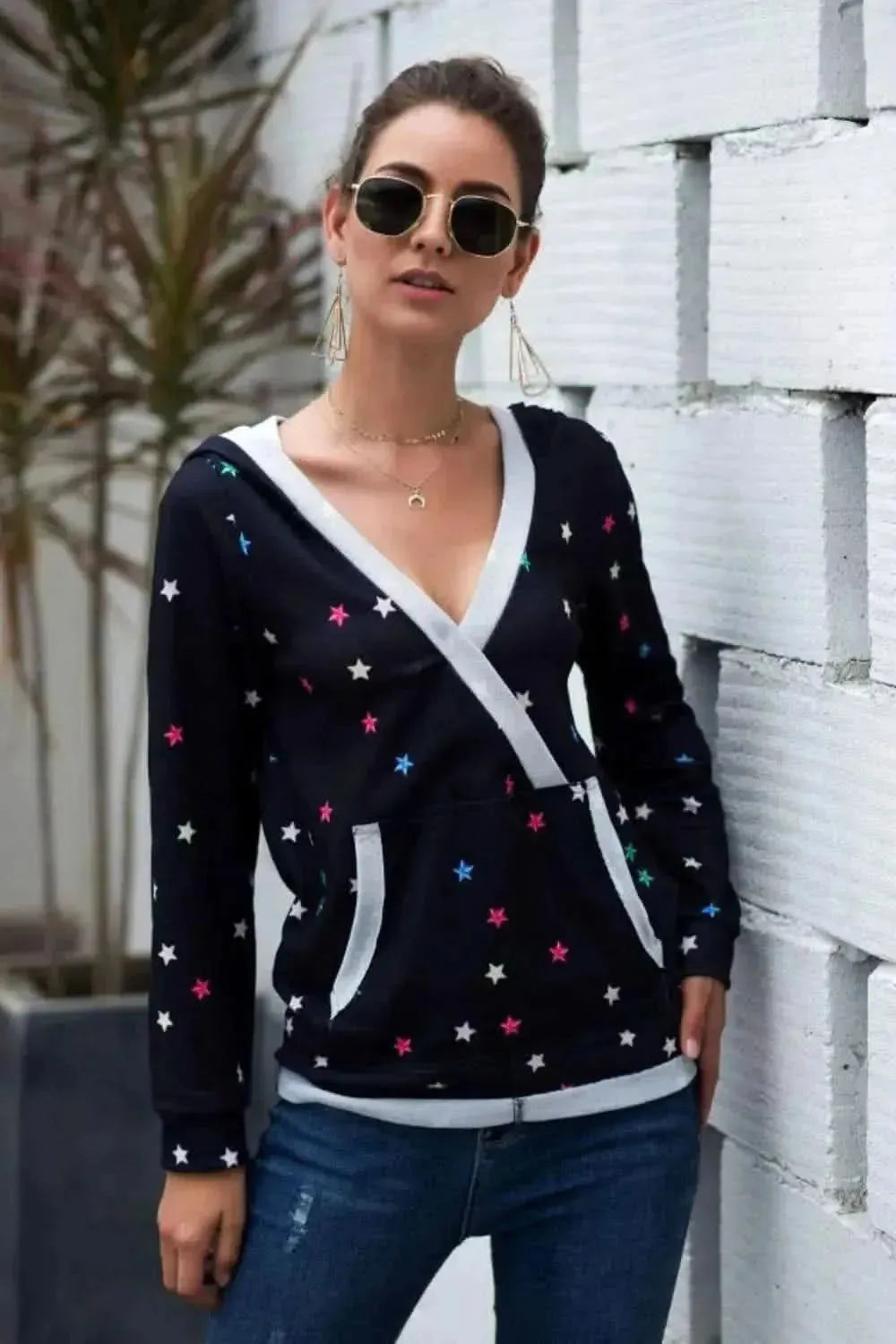 Star Print Kangaroo Pocket Hoodie - Bad Moms Club
