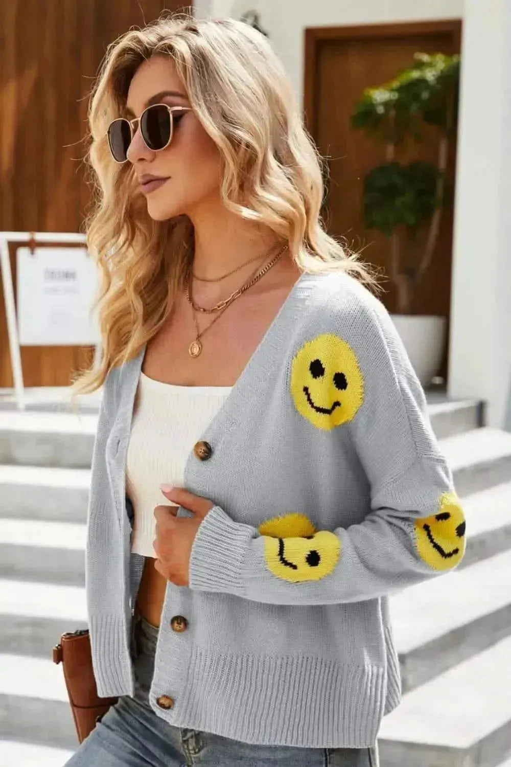 Smiley Face Ribbed Trim V-Neck Cardigan - Bad Moms Club