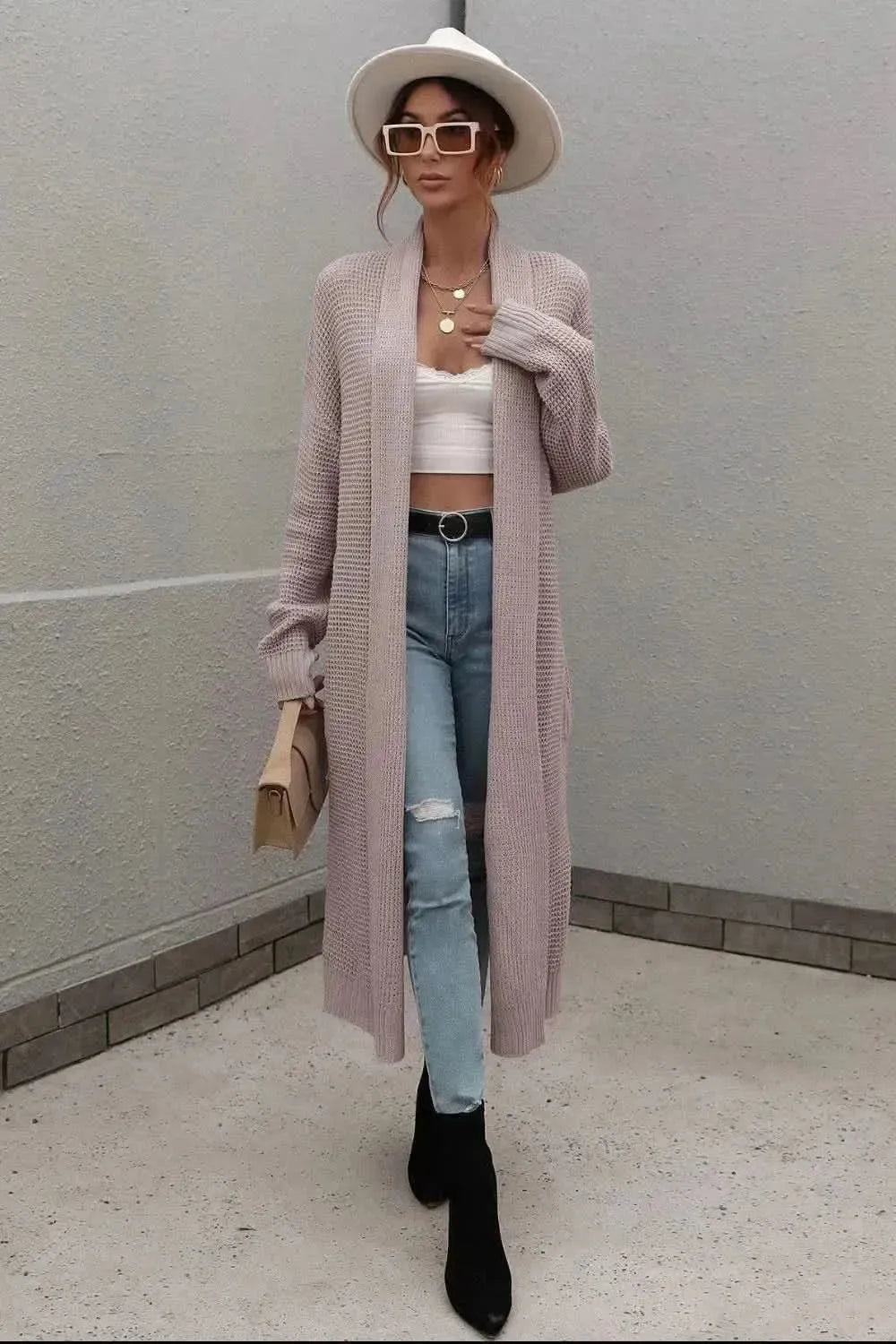 Waffle Knit Open Front Duster Cardigan With Pockets - Bad Moms Club