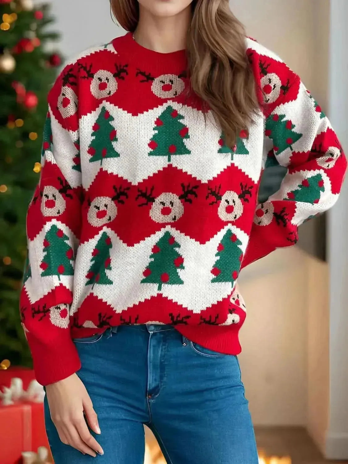 Christmas Element Round Neck Long Sleeve Sweater - Bad Moms Club