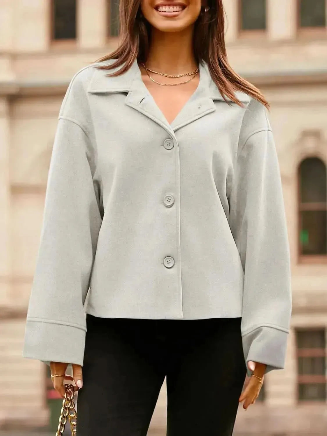Collared Neck Dropped Shoulder Jacket - Bad Moms Club