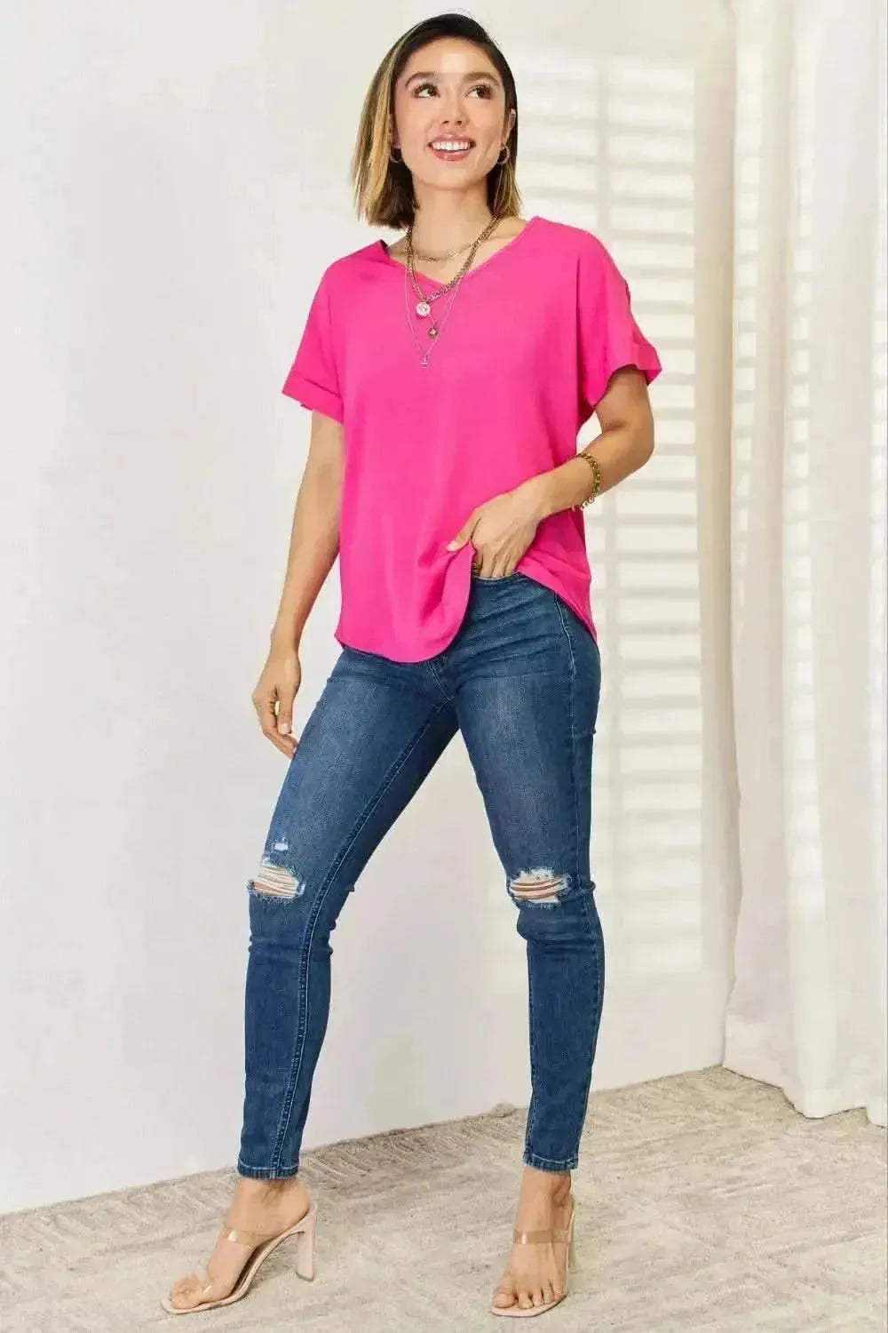 Zenana V-Neck Rolled Short Sleeve T-Shirt - Bad Moms Club