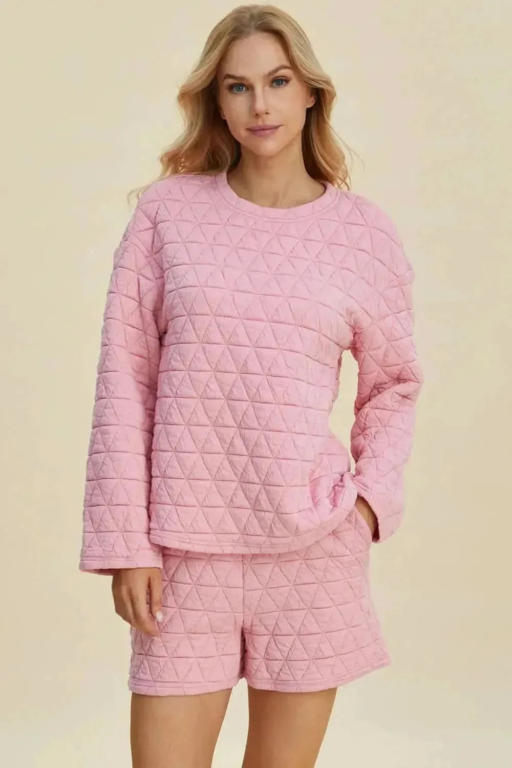 Double Take Full Size Texture Round Neck Long Sleeve Top and Shorts Set - Bad Moms Club