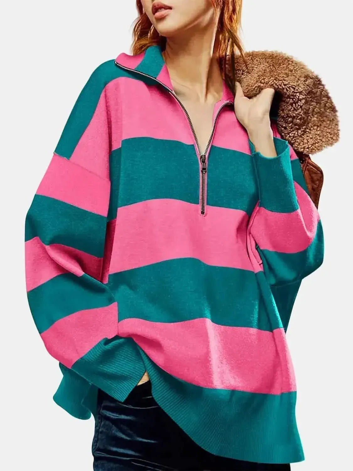 Color Block Half Zip Long Sleeve Sweater - Bad Moms Club