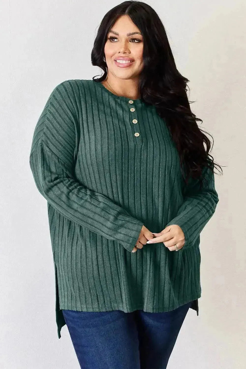 Basic Bae Full Size Ribbed Half Button Long Sleeve High-Low T-Shirt - Bad Moms Club