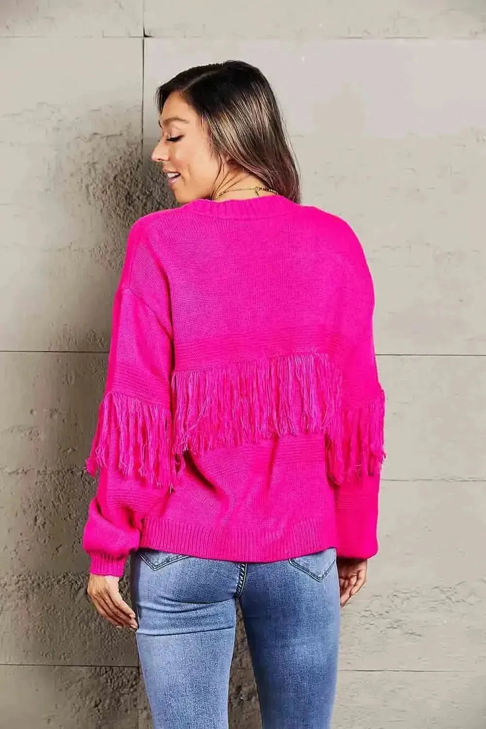 Fringe Trim Open Front Cardigan - Bad Moms Club