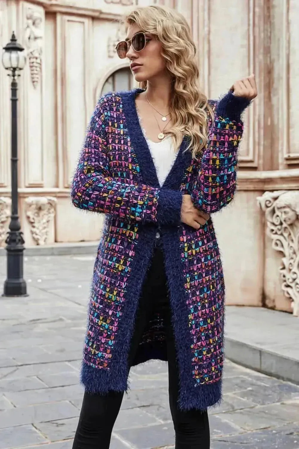 Multicolored Ribbed Trim Open Front Cardigan with Pockets - Bad Moms Club
