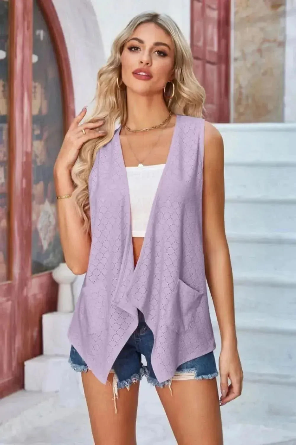 Eyelet Open Front Sleeveless Cardigan - Bad Moms Club
