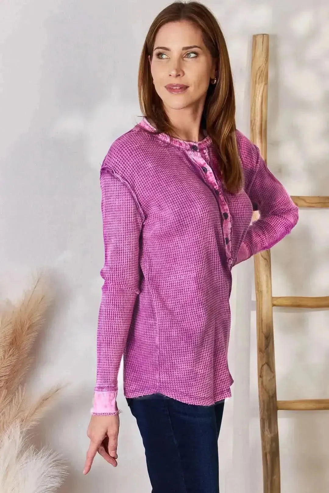 Zenana Washed Half Button Exposed Seam Waffle Top - Bad Moms Club