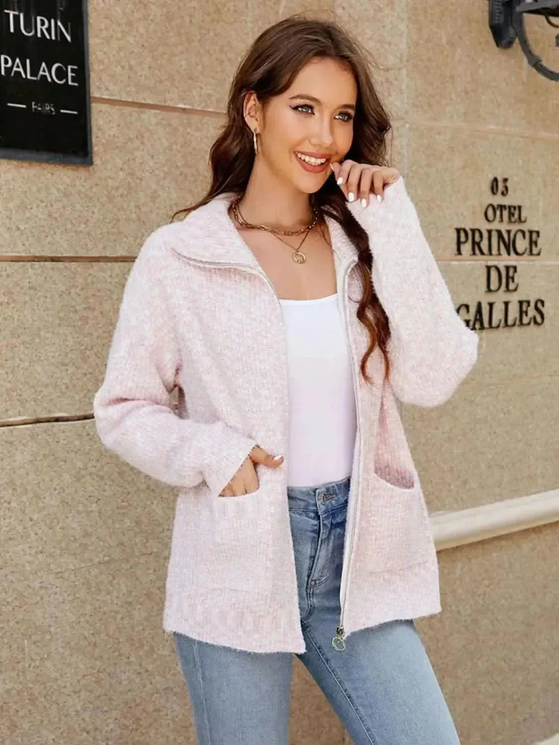 Zip-Up Collared Cardigan with Pockets - Bad Moms Club