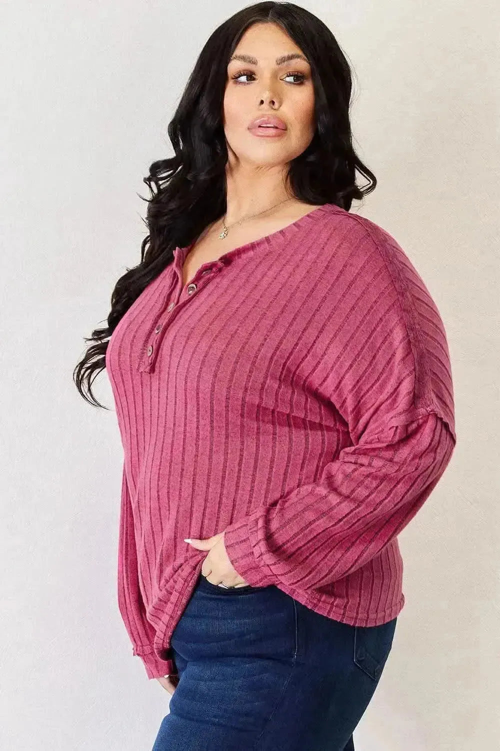 Basic Bae Full Size Ribbed Half Button Long Sleeve High-Low T-Shirt - Bad Moms Club