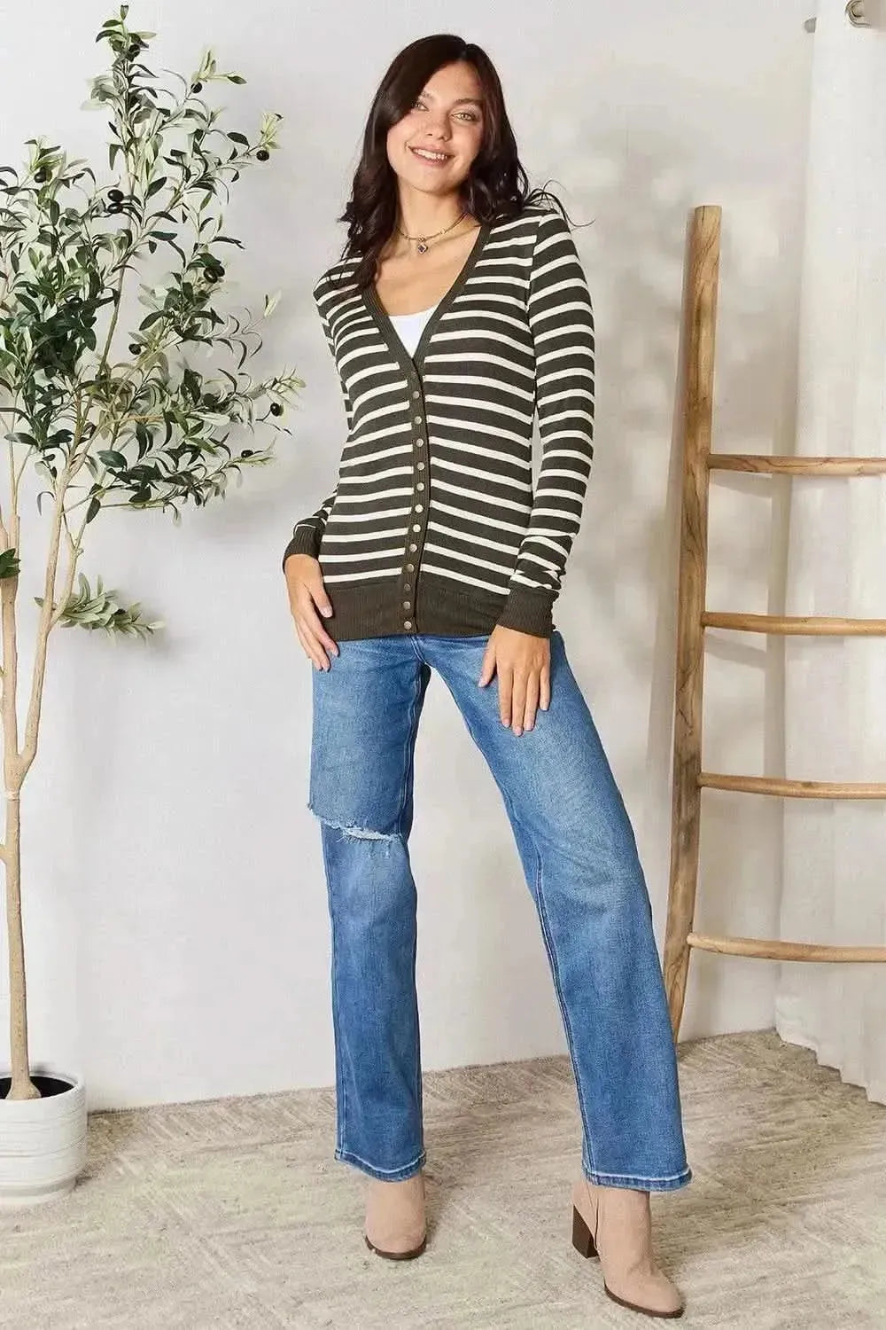 Zenana Full Size Striped Snap Down Cardigan - Bad Moms Club