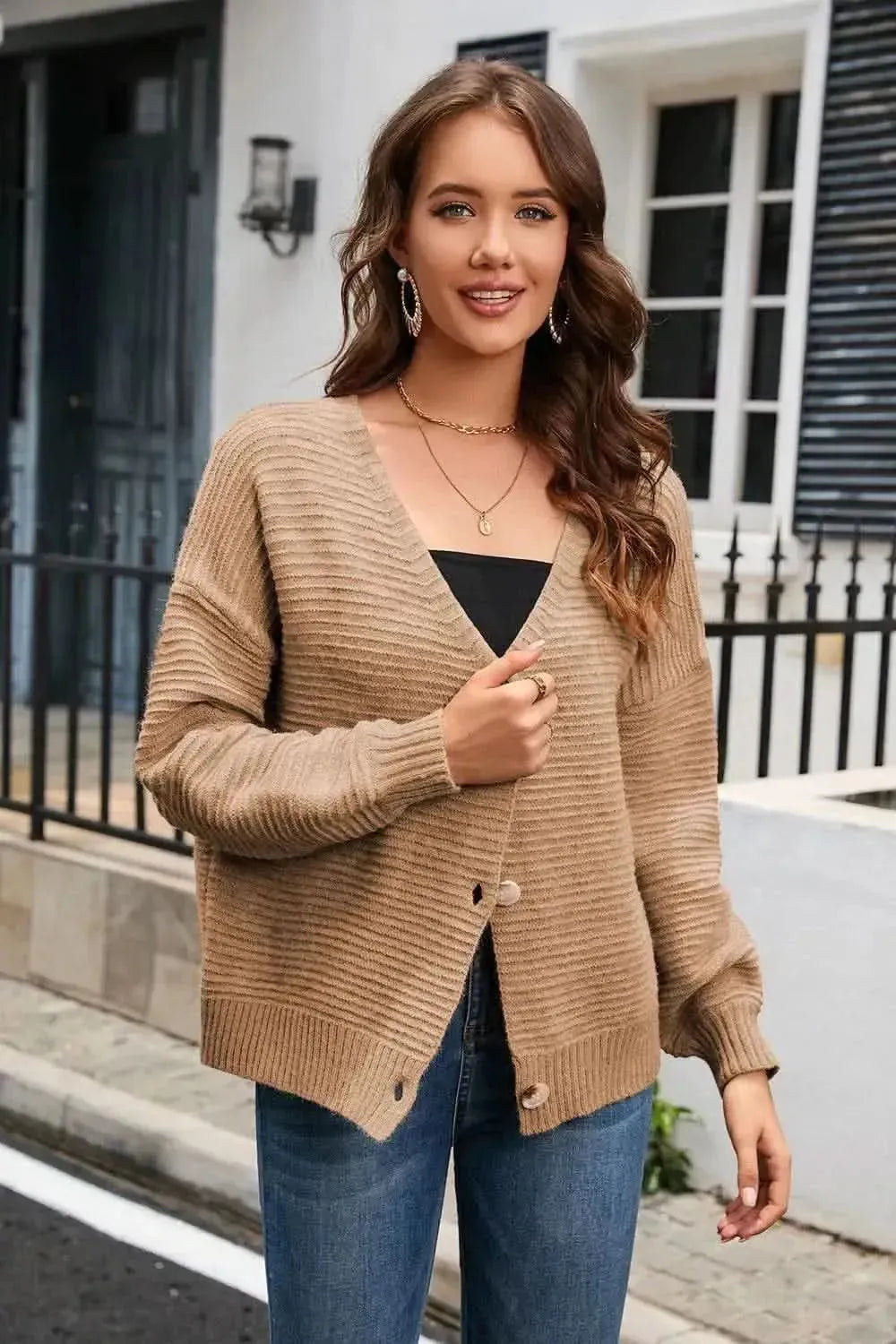 Horizontal Ribbing Button Down Cardigan - Bad Moms Club