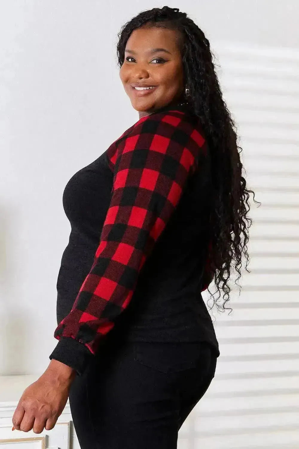Heimish Full Size Sequin Reindeer Graphic Plaid Top - Bad Moms Club