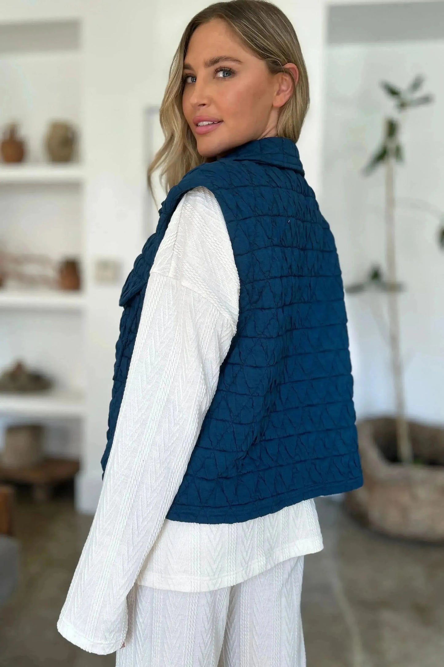 Double Take Full Size Pocketed Texture Snap Down Vest Coat - Bad Moms Club