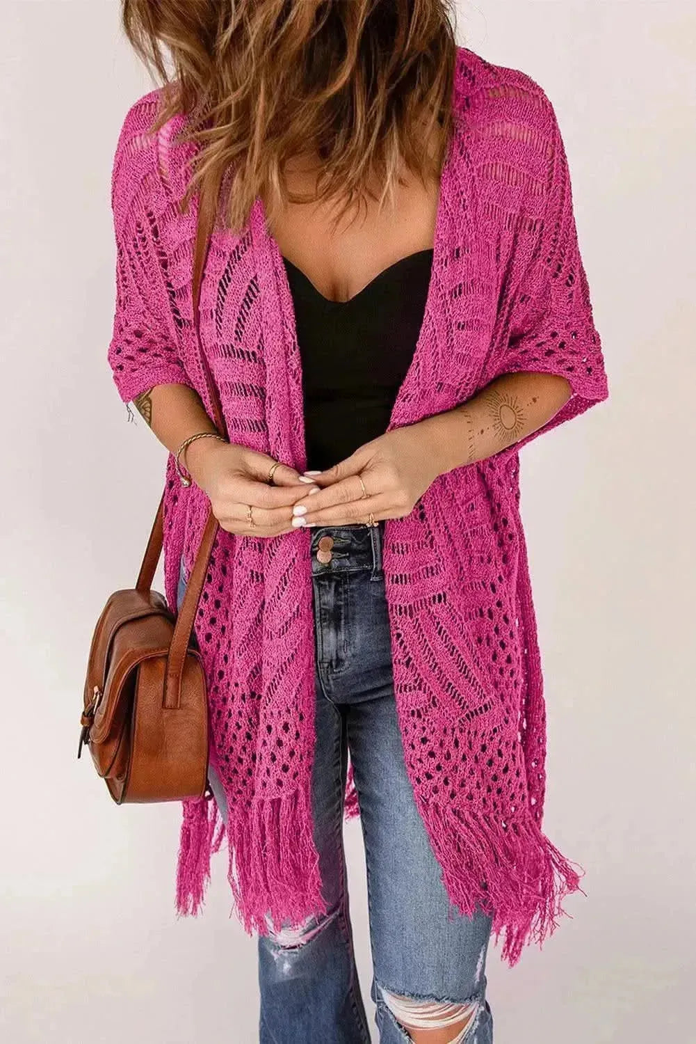 Openwork Open Front Cardigan with Fringes - Bad Moms Club