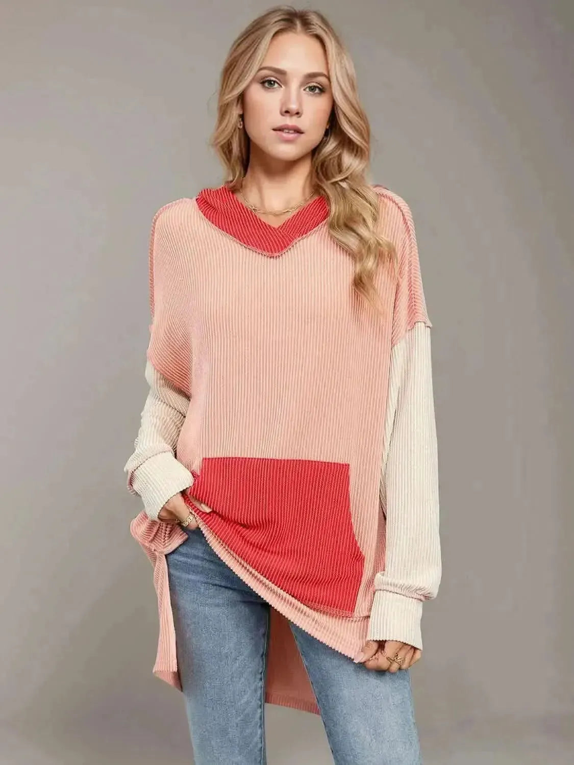 Double Take Contrast Hooded Long Sleeve Top - Bad Moms Club