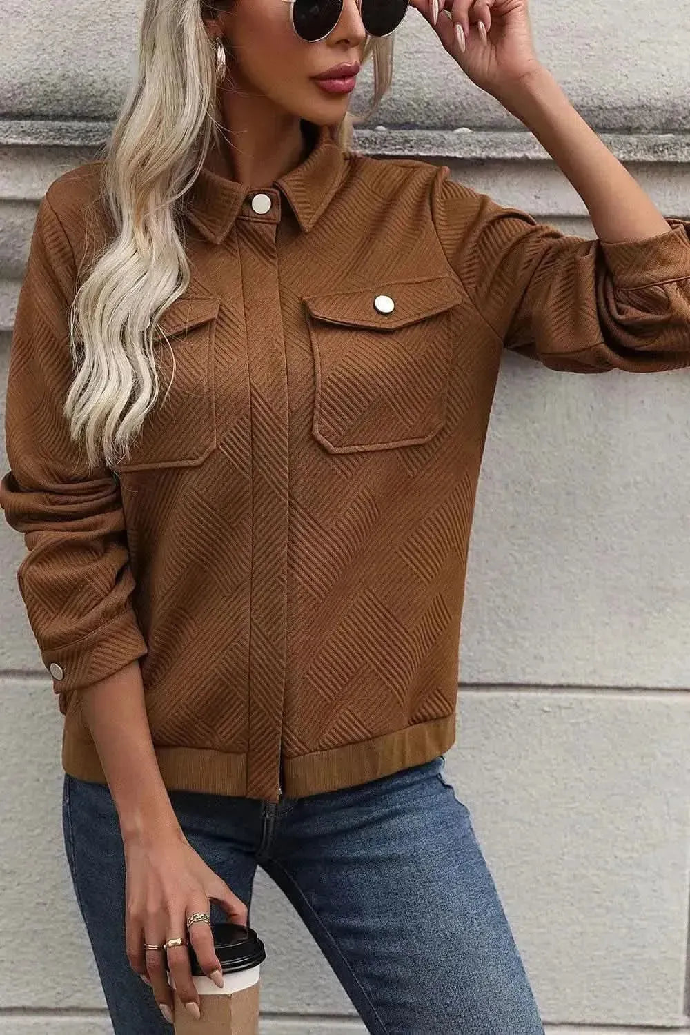 Textured Zip Up Collared Neck Jacket - Bad Moms Club
