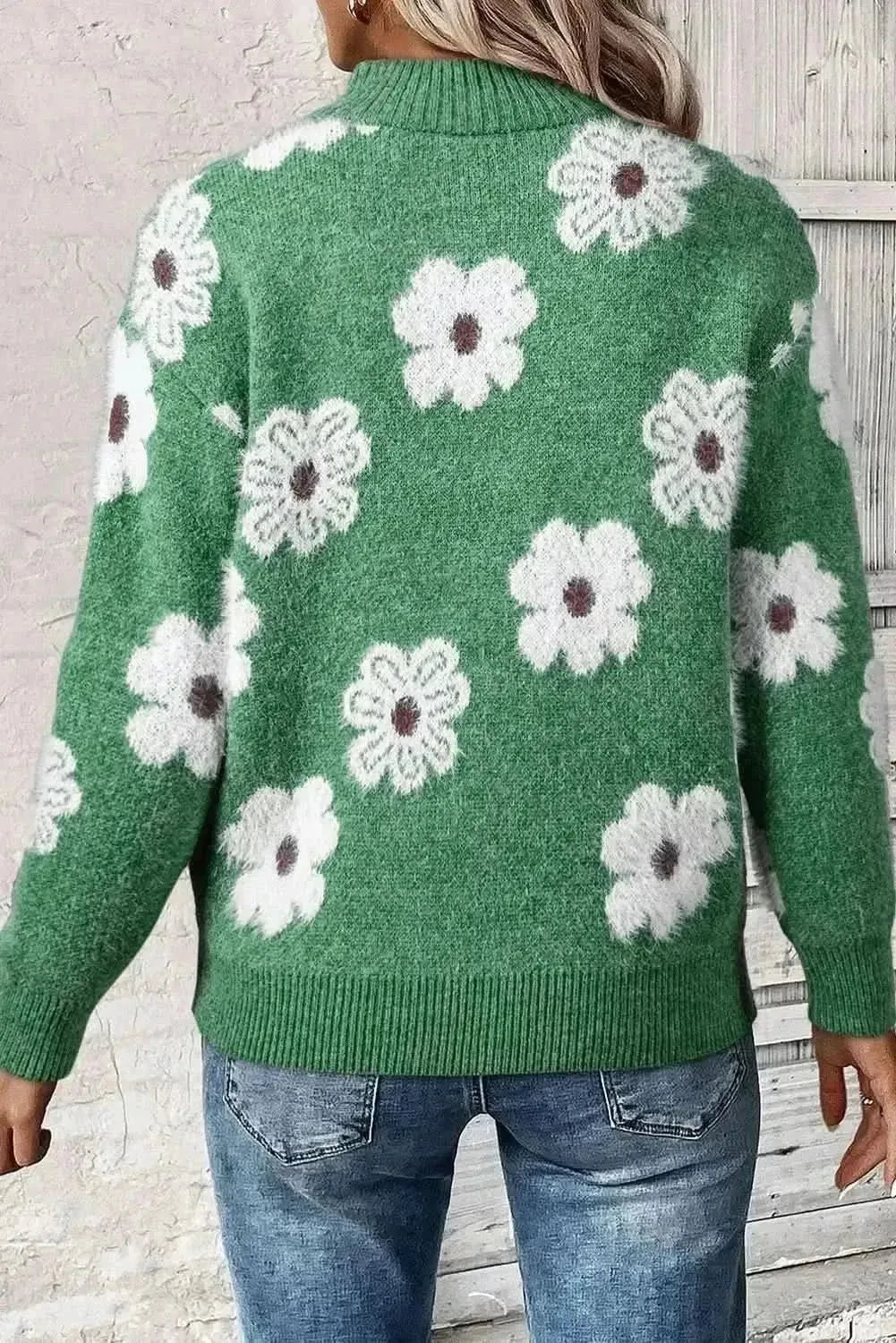 Flower Half Zip Long Sleeve Sweater - Bad Moms Club