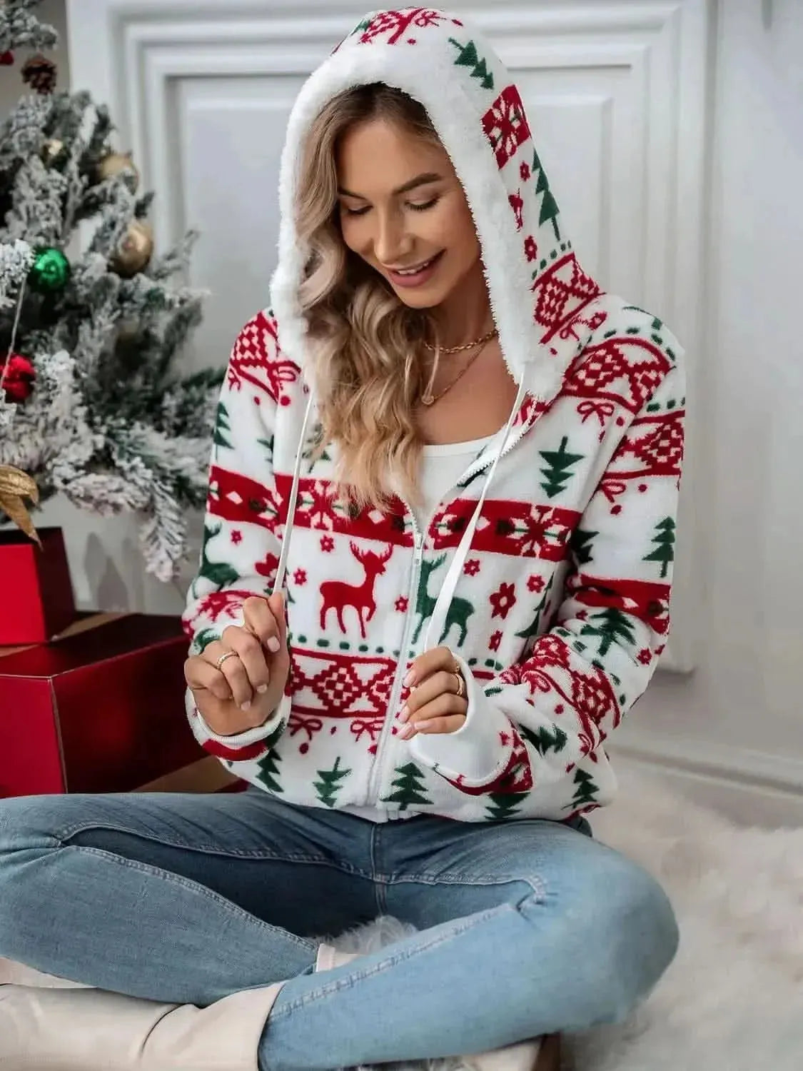 Drawstring Christmas Element Zip Up Hooded Jacket - Bad Moms Club