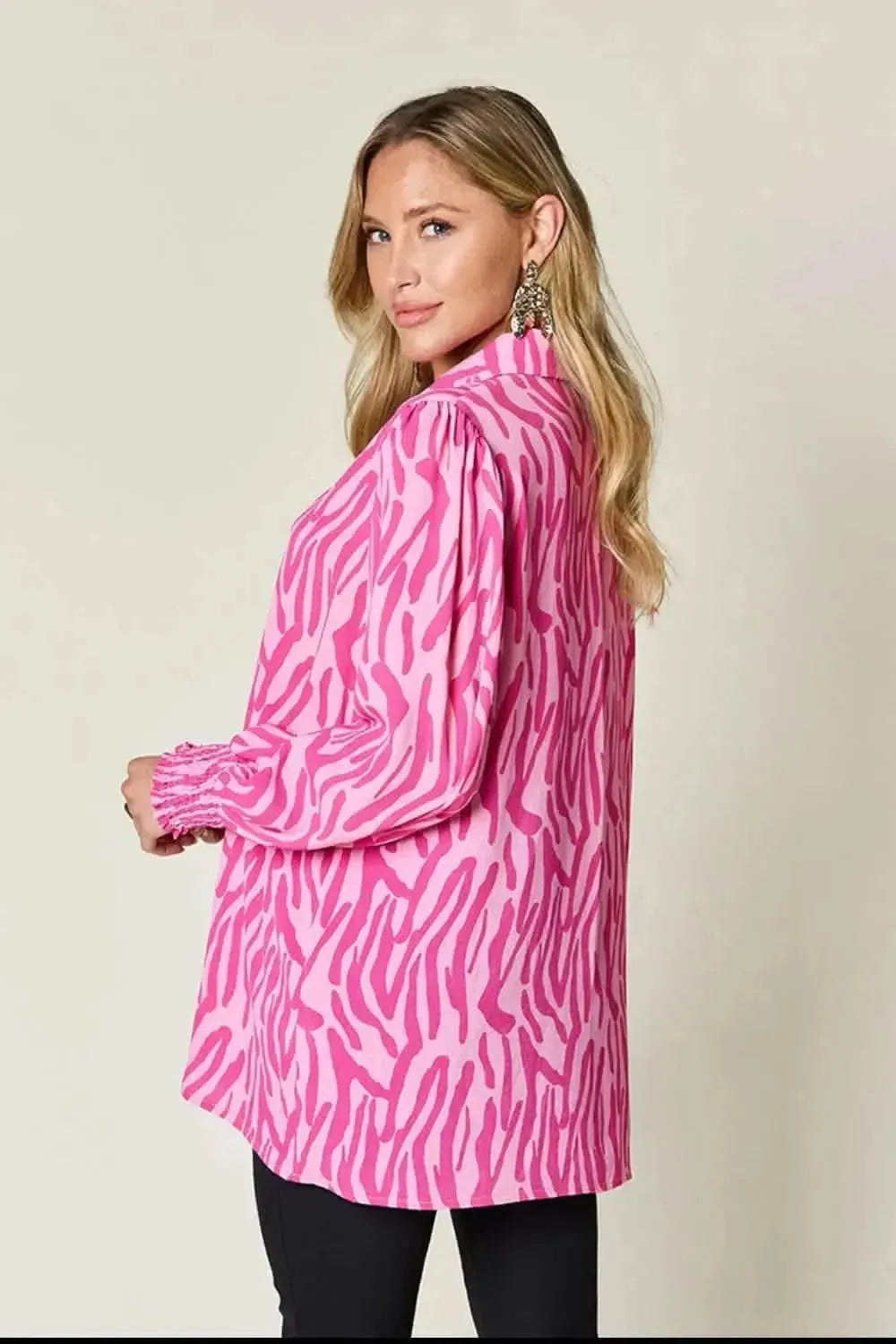Double Take Full Size Printed Smocked Long Sleeve Blouse - Bad Moms Club