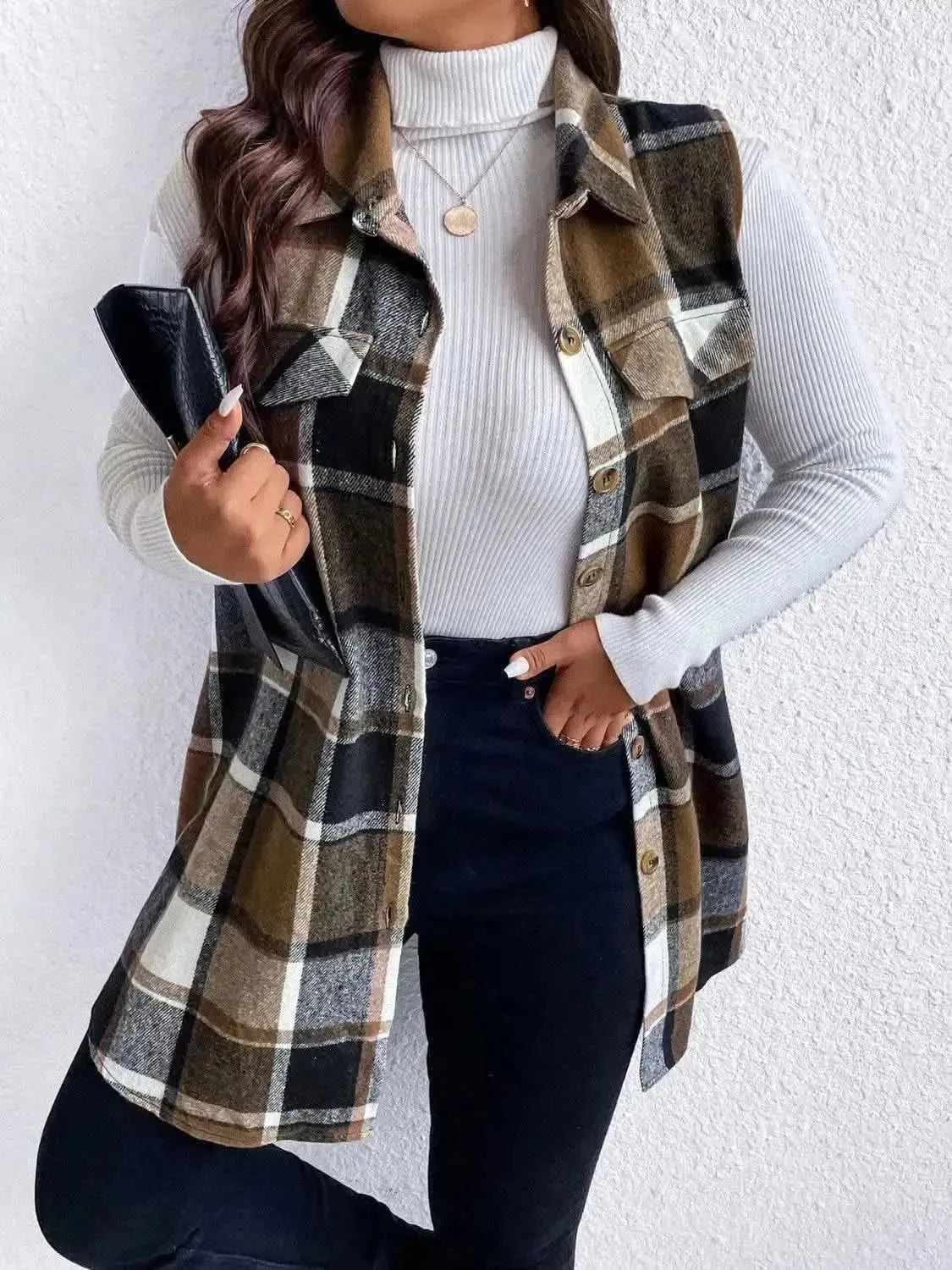 Honey Plus Size Pocketed Plaid Button Up Vest Coat - Bad Moms Club