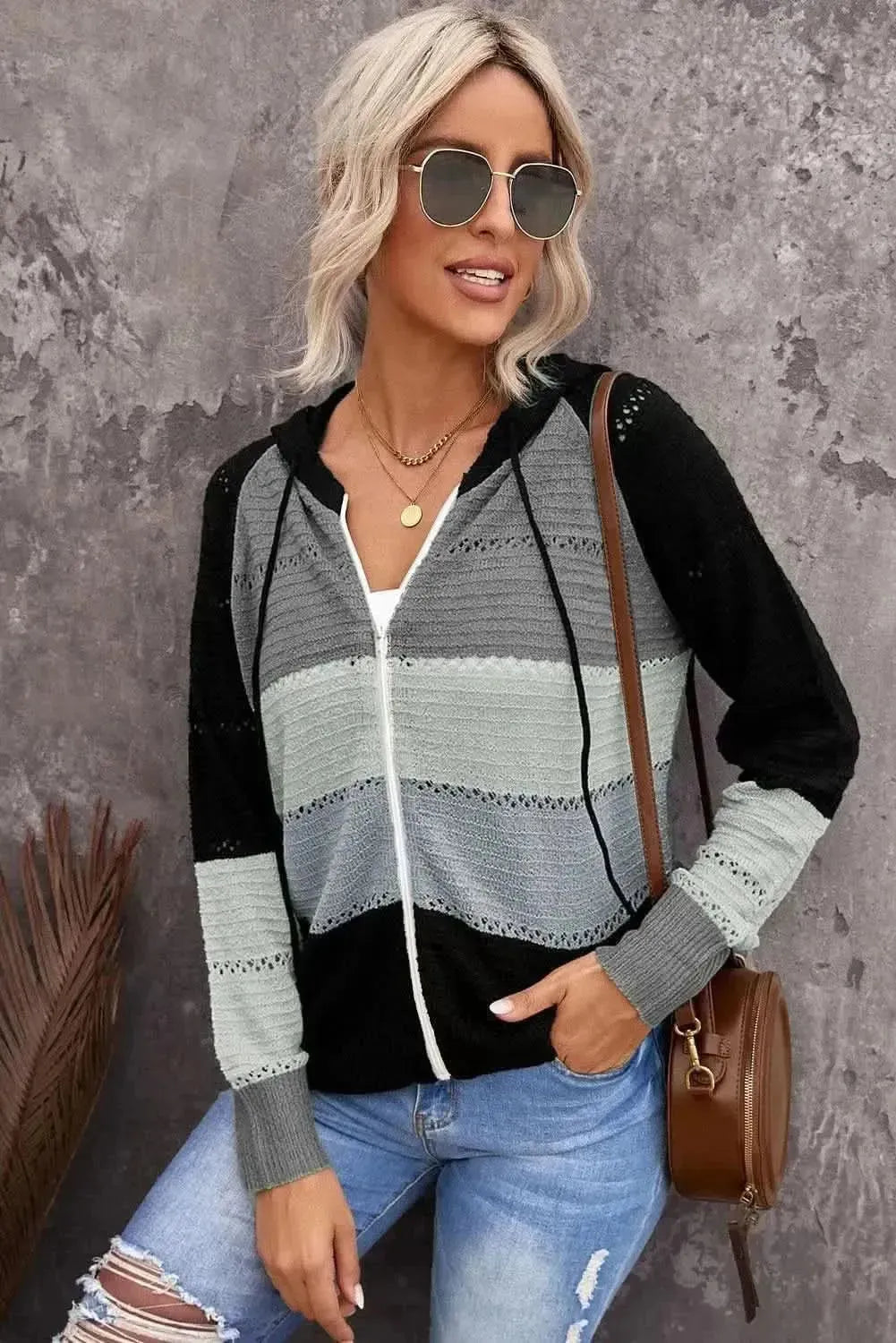 Zip-Up Raglan Sleeve Openwork Hooded Cardigan - Bad Moms Club