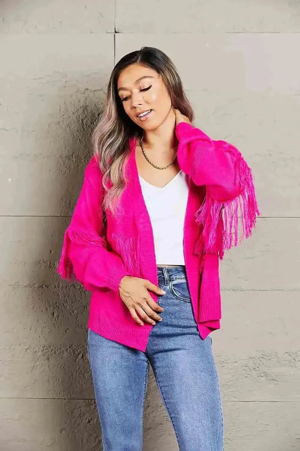 Fringe Trim Open Front Cardigan - Bad Moms Club